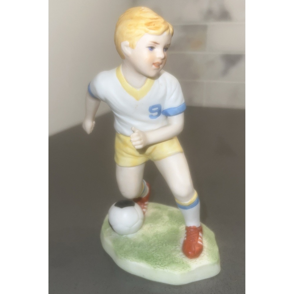 Vintage Enesco Figurine Boy Kicking a Soccer Ball Dated 1984 Sport EUC